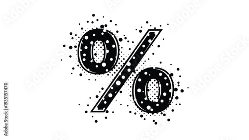 Graphic black percent symbol featuring a modern dotted halftone texture and scattered circular splashes on a clean white background for contrast.