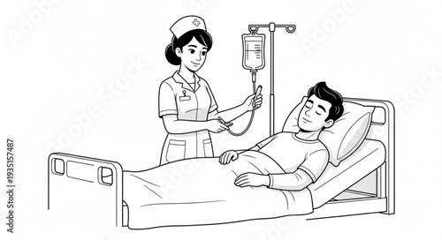 Nurse tending to a patient in a hospital bed with an IV drip.