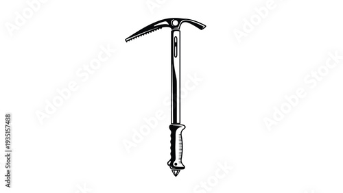 Professional ice axe illustration with a serrated pick and a gripped handle, rendered in a bold black and white graphic style for outdoor gear.