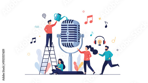 Flat illustration showing small people collaborating around a giant vintage microphone with music notes and a lightbulb, representing podcasting.