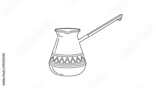 Traditional Turkish coffee pot illustration in a black and white line art style, featuring a long handle and a geometric decorative band on the base.