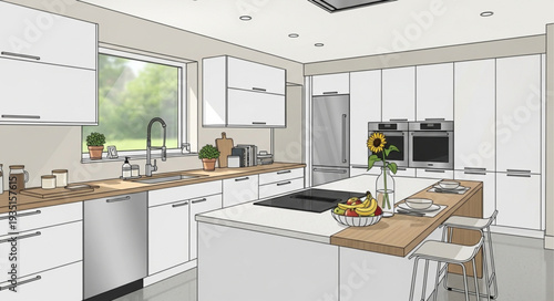 Modern kitchen design with white cabinets and wooden countertops, a stylish interior.