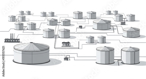 Industrial oil storage tanks and pipelines illustration.
