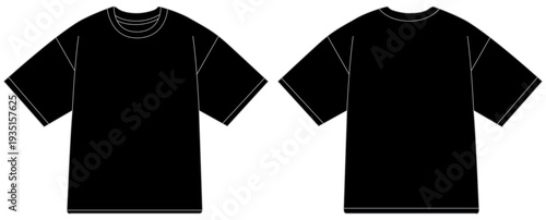 Oversized t-shirt technical flat mockup with front and back views. Clean apparel template for fashion design, streetwear collections, tech packs, pattern making, and clothing presentations