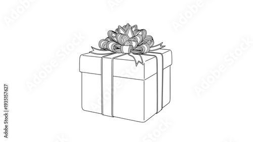Classic gift box illustration wrapped in a clean white paper and tied with an elaborate decorative ribbon bow, rendered in a detailed sketch style.