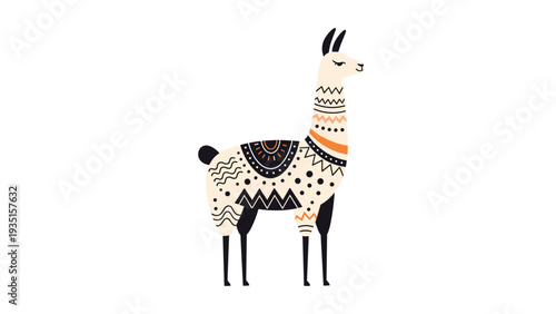 Stylized illustration of a tall white llama standing in profile, decorated with intricate black, orange, and white ethnic geometric patterns.