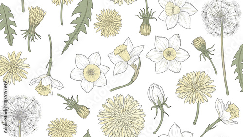 Beautiful floral pattern featuring a mix of detailed dandelion and narcissus flowers in soft yellow and green tones on a clean white background.