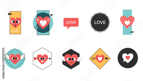 Collection of ten diverse graphic designs featuring hearts, wings, and arrows with the word love, suitable for labels, social media, or stickers.