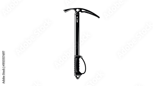 Stark black and white illustration of a professional mountain ice axe with a sharp pick and wrist strap, emphasizing durability and safety gear.