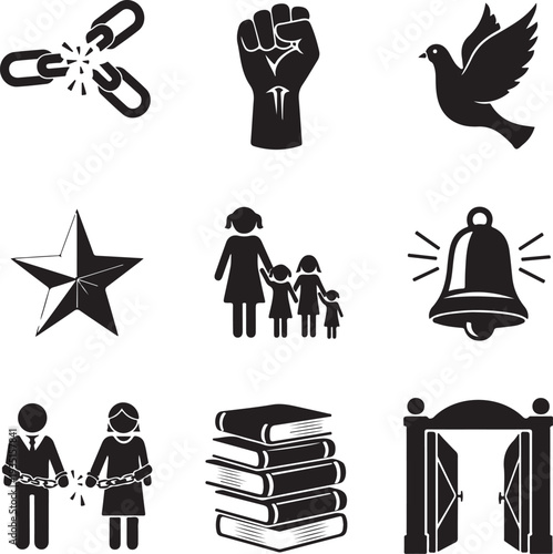 A collection of black silhouette icons symbolizing freedom, human rights, and social justice