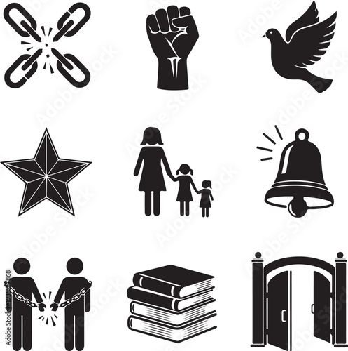 A collection of black silhouette icons symbolizing freedom, human rights, and social justice