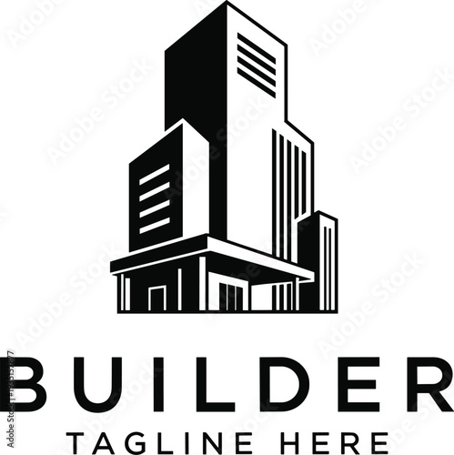 Black and white modern commercial city building logo template design for professional real estate developer and corporate construction builder brand