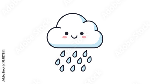 Adorable cartoon illustration of a smiling white cloud with pink cheeks and blue raindrops falling from beneath it on a white background.