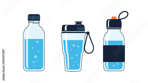 Set of three different water bottle designs including a standard bottle, a protein shaker, and a sleeve covered bottle in flat style.