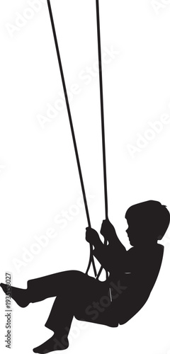 A child silhouette on swing on white