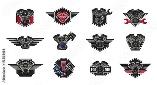 Collection of Motorcycle Engine Emblems and Badges.