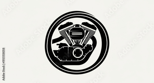 Motorcycle Engine Inside Circular Emblem Graphic.
