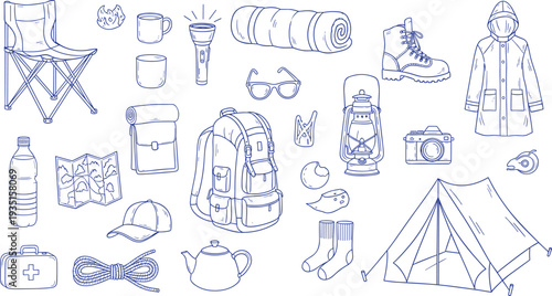 Camping and hiking equipment hand drawn set with tent, backpack, lantern, map, boots, outdoor adventure illustration