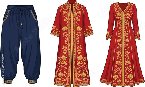 Traditional Ethnic Clothing Set with Embroidered Long Dress, Ornamental Robe and Loose Pants Vector Illustration for Cultural Fashion Design