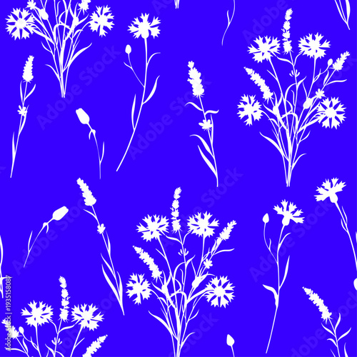 seamless continuous pattern of cornflowers and wild wild grass on a dark blue background.eps