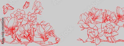red orchid flowers  and butterfly on a  gray background.eps