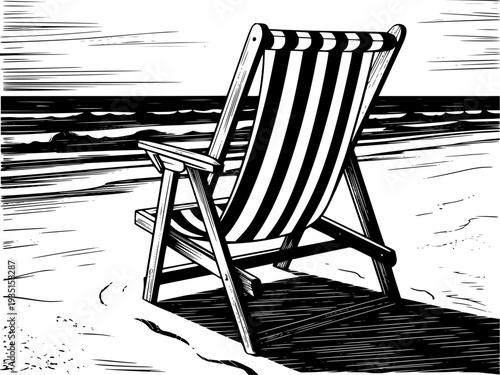 Black and white woodcut style of a striped deck chair a sandy beach with ocean waves