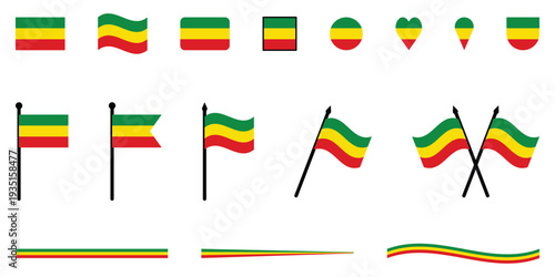 Ethiopia National Flag Collection Green Yellow Red Symbols in Flat, Round, Heart, and Shield Shapes.
