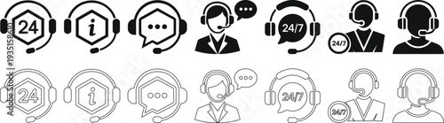 Customer Support and Call Center Service Line and Glyph Icons Set with 24/7 Assistance