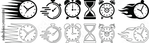 Set of Modern Clock and Timer Vector Icons Representing Speed Time Management and Deadlines