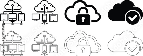 Cloud Computing Network and Data Security Icons Set for Syncing Devices and Secure Storage