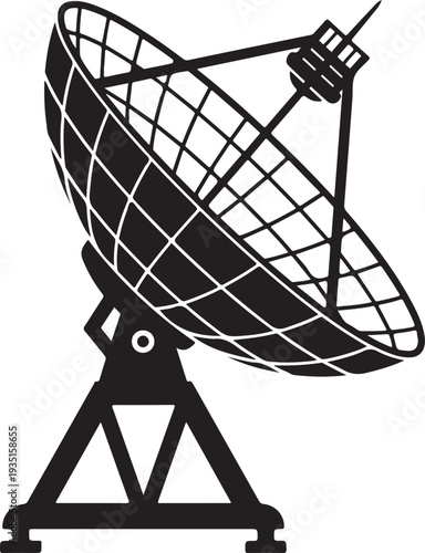 A bold silhouette of a satellite dish, representing technology, communication, and broadcasting.