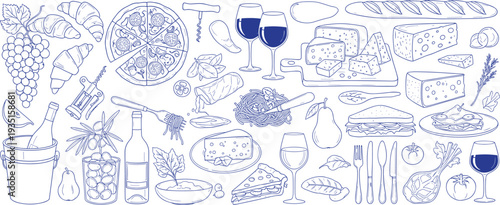 Mediterranean food and drink hand drawn set with pizza, pasta, cheese, wine, bread, olives, gourmet cuisine illustration