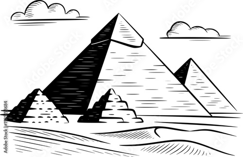 Egyptian Pyramids Landscape with Clouds and Desert Dunes White Background sand