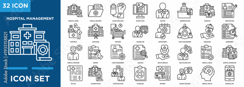 Hospital management line icon set featuring medical records, patient admission, doctor services, billing, insurance, scheduling, staff management, healthcare analytics, and hospital administration.