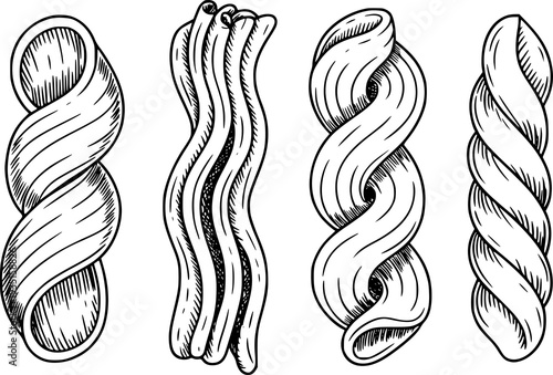 Hand Drawn Black And White Of Different Pasta Shapes Isolated White food italian