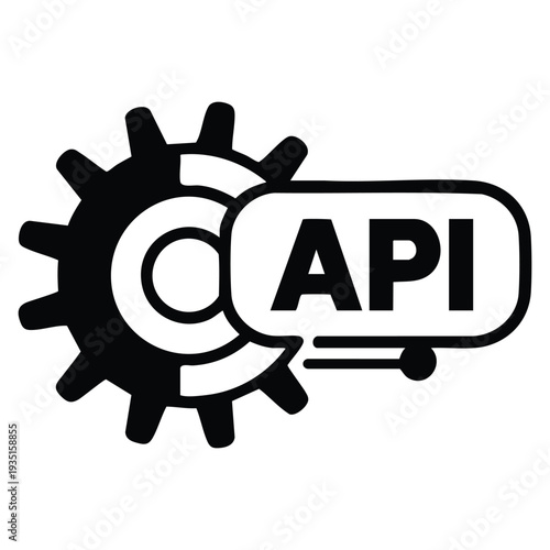 Abstract graphic illustrating API integration and functionality with cogwheel and inscription technology concept for software development systems
