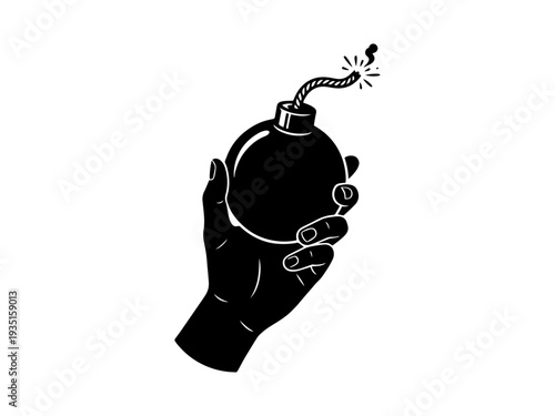 A minimalist black and white silhouette of a hand holding a round lit fuse bomb. Perfect for concepts of danger, high pressure, or urgency.