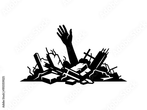 A powerful silhouette of a hand reaching out for help from a pile of collapsed building debris, symbolizing survival and the tragedy of war or natural disasters.