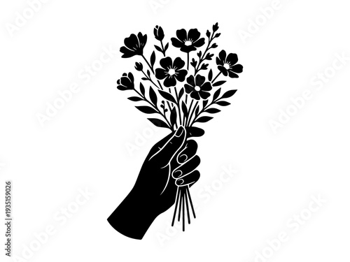 A minimalist black and white vector silhouette of a human hand holding a bunch of wild field flowers, perfect for nature and floral-themed designs.