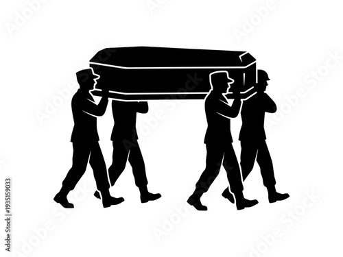 Black and white vector silhouette of four soldiers in uniform carrying a casket during a military funeral ceremony or memorial service.