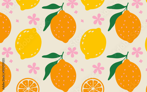Seamless pattern of bright yellow lemons and orange fruits with green leaves and pink flowers