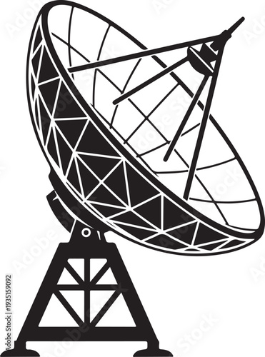 A bold silhouette of a satellite dish, representing technology, communication, and broadcasting.
