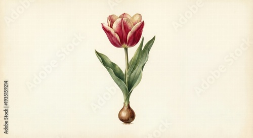 Tulip Flower Bulb Botanical Illustration Featuring Vintage Red Cream Variegated Bloom And Root Element