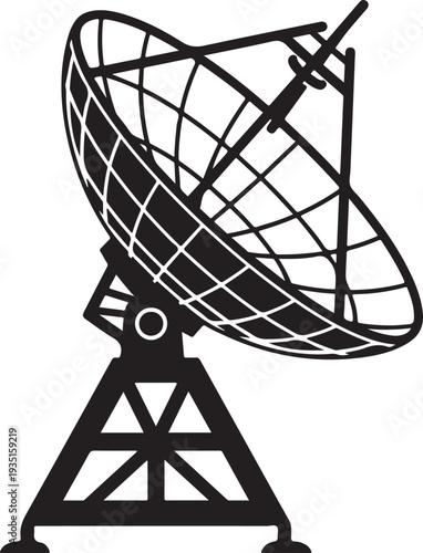 A bold silhouette of a satellite dish, representing technology, communication, and broadcasting.