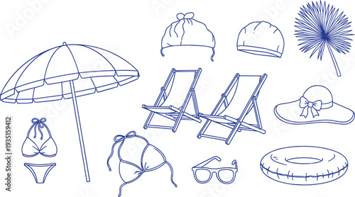 Summer beach accessories line art set with umbrella, deck chairs, hats, sunglasses, bikini, palm leaf illustration