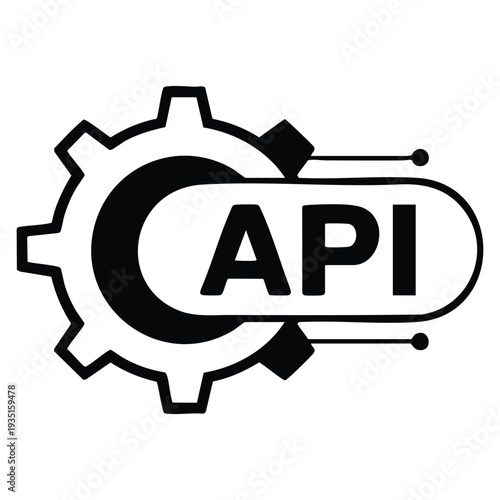 API integration and functionality abstract graphic with cogwheel and inscription suitable for software development and digital systems concept