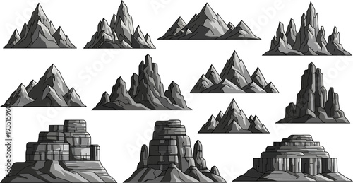 Diverse collection of stylized grey mountain and rock formations vector illustration set