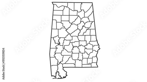 Detailed Outline Map of Alabama with Counties - Black and White Vector Illustration for Geographic and Educational Use
