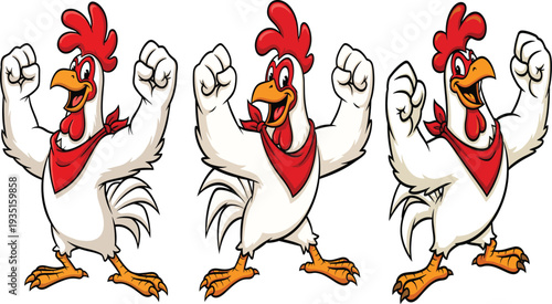 Strong muscular cartoon chickens flexing arms with red bandanas, confident heroic farm animals, funny poultry mascot design for branding, advertising, entertainment illustrations