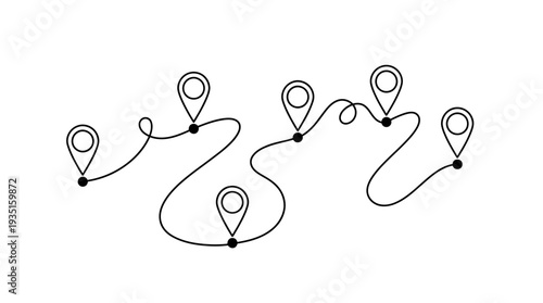 Winding Route with Multiple Location Pins and Waypoints. Abstract Journey Path with Map Markers for Navigation, Travel, or Project Steps.